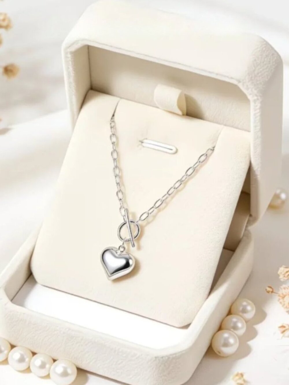 Puff Heart Pendant Belcher Chain Toggle Closure Necklace Stainless Steel